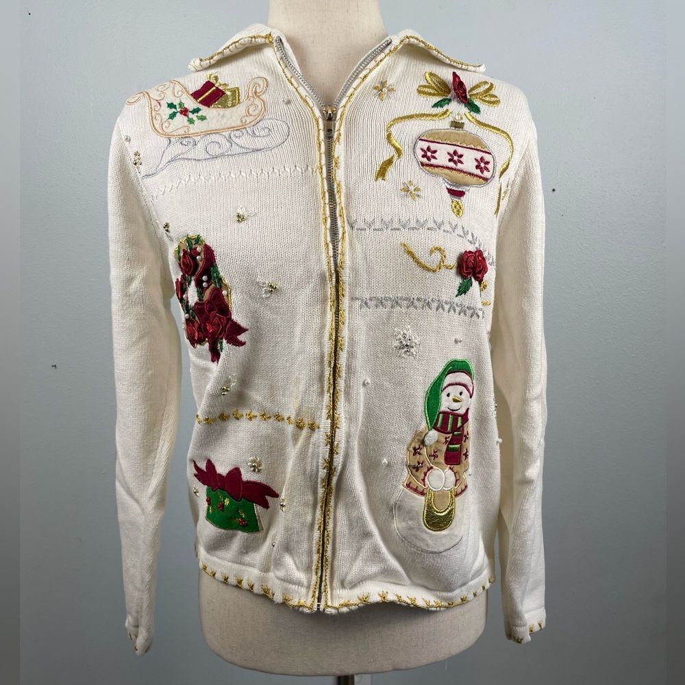 Sarah Bentley Holiday Full Zip Sweater Top Size S EUC